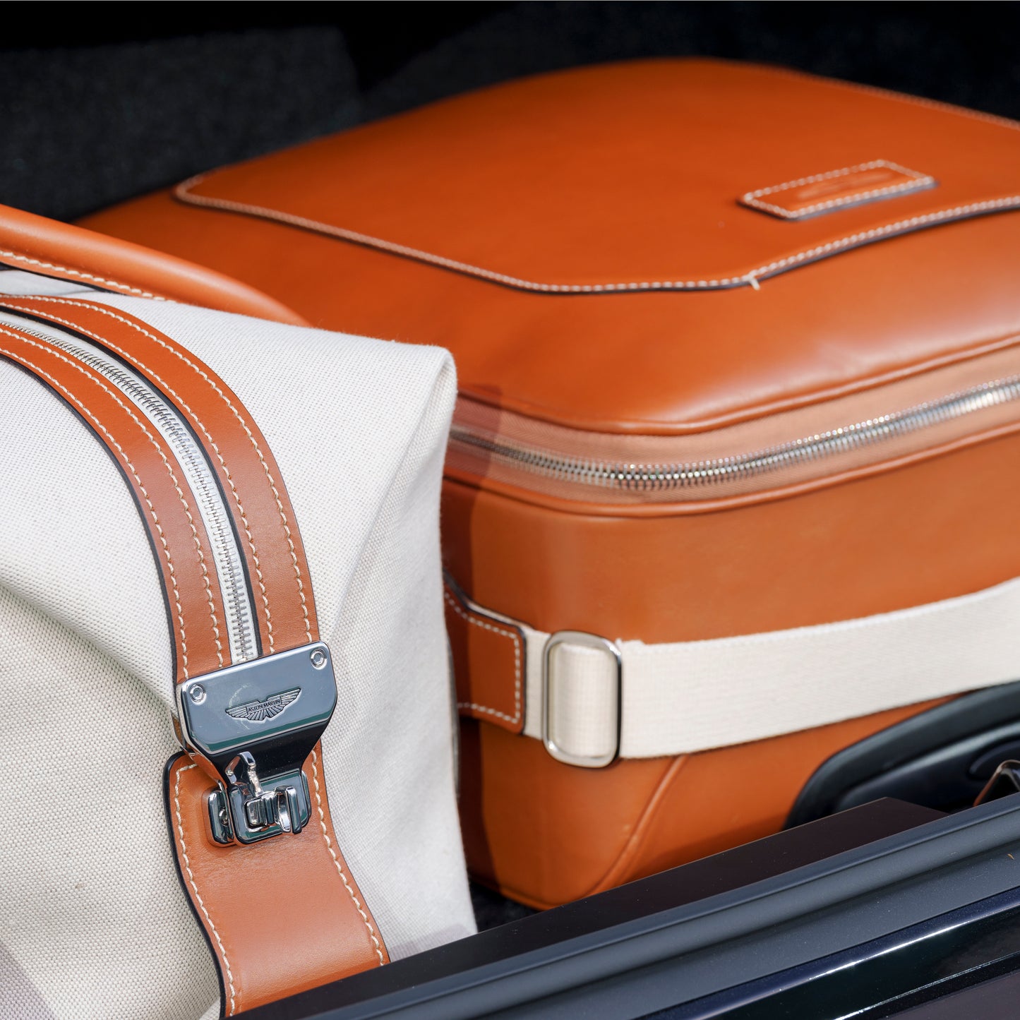 708480 Aston Martin DB12 DBX SUV Luggage Tan Leather 4 Pieces 4pcs Set Trolley Trolleys Duffle Bags Carry on Travel Car Vehicle Accessory Accessories Essential Essentials Storage