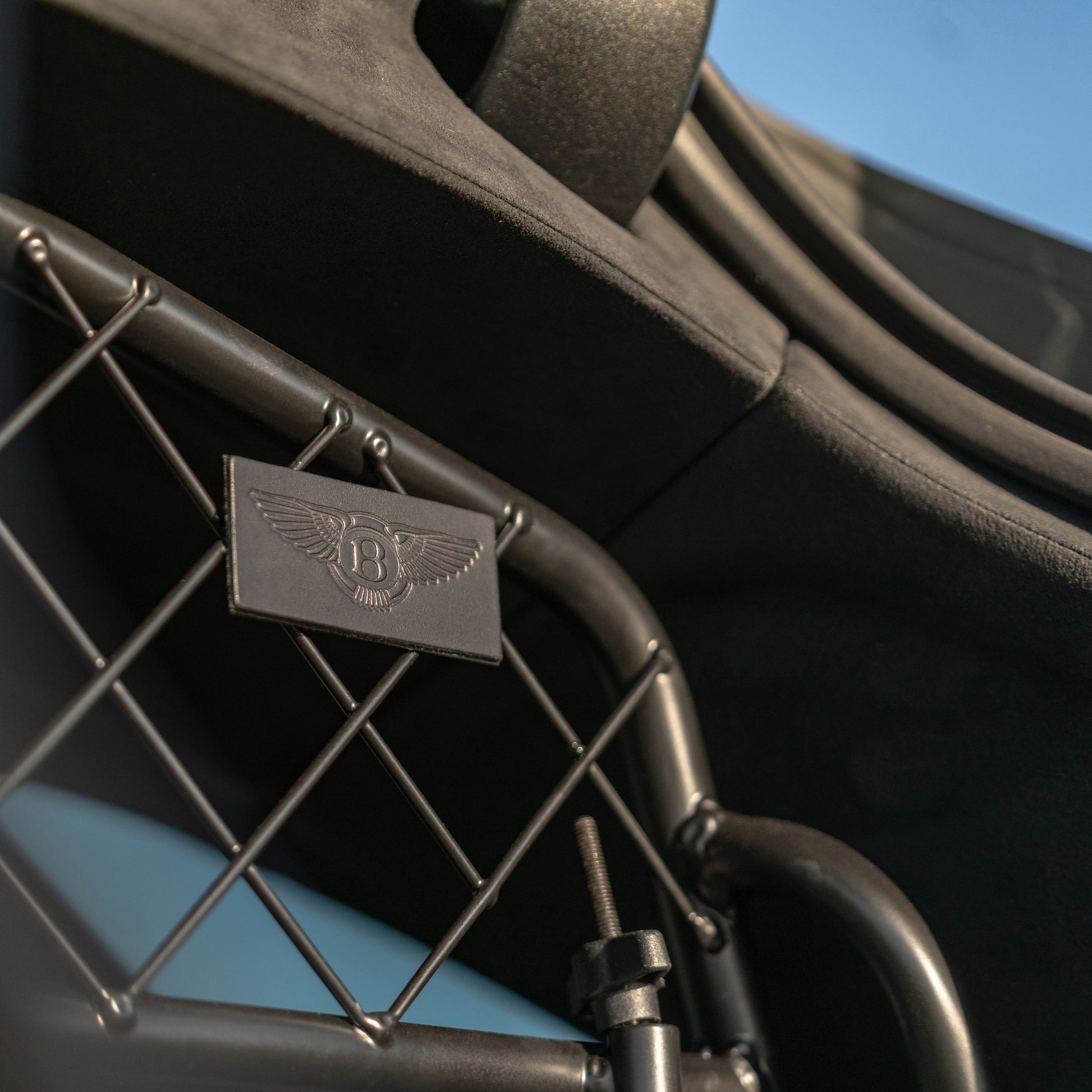Close-up of a Bentley logo on a vehicle's grille with a blurred background