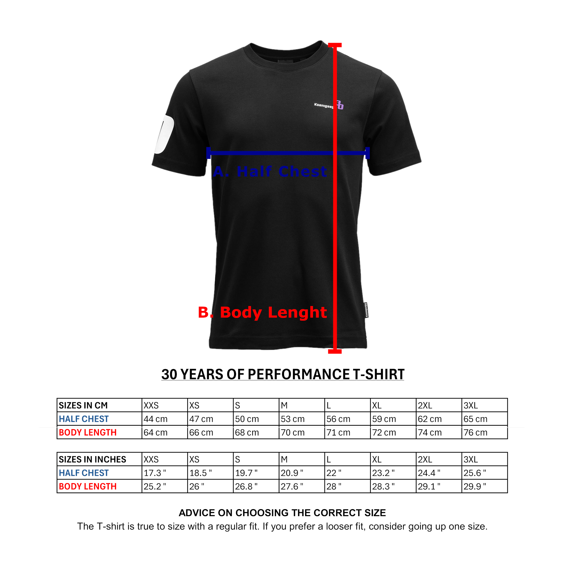 Koenigsegg 30 Years of Performance T-Shirt Black Size Chart