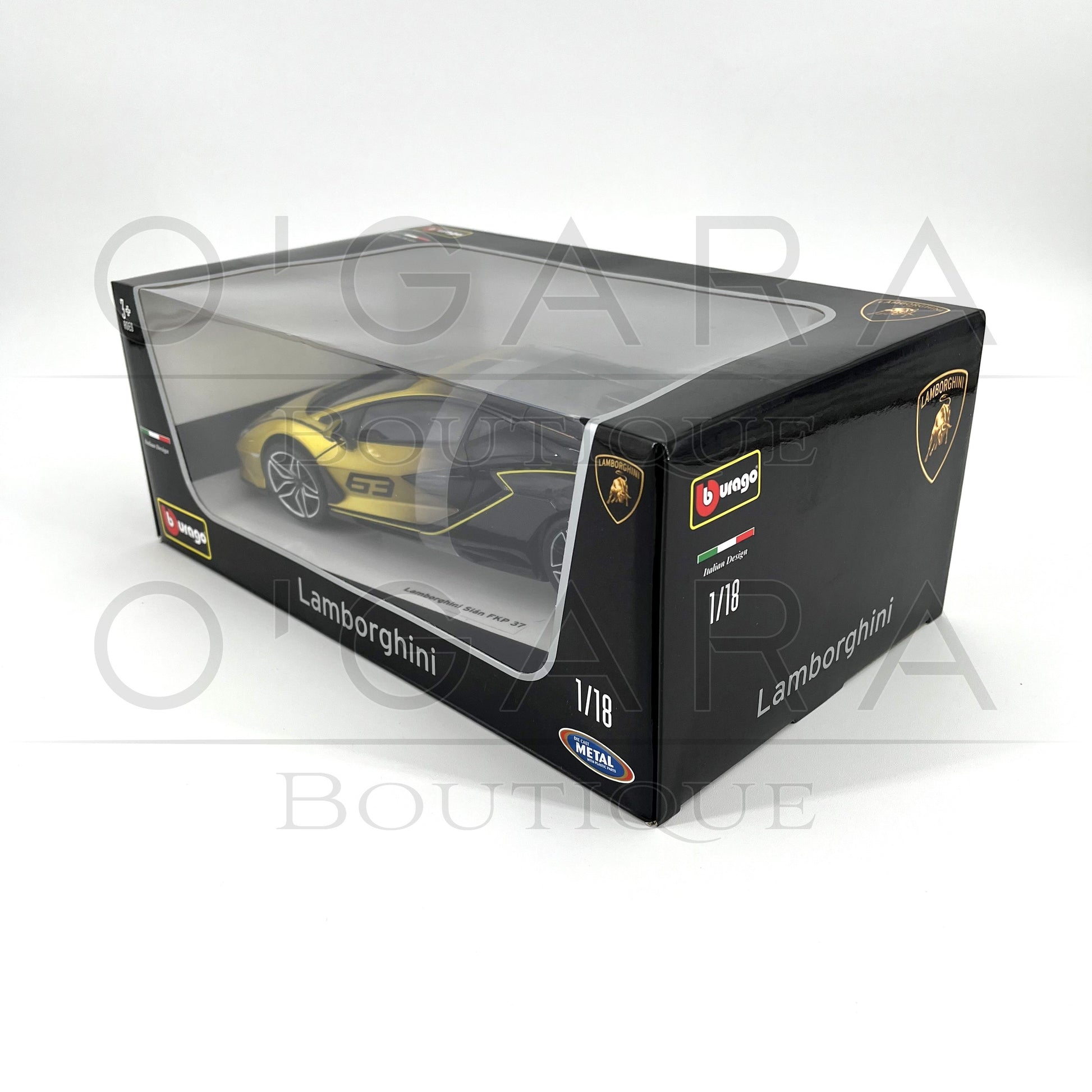 Lamborghini Sian Model car in packaging with Lamborghini logo on a white background