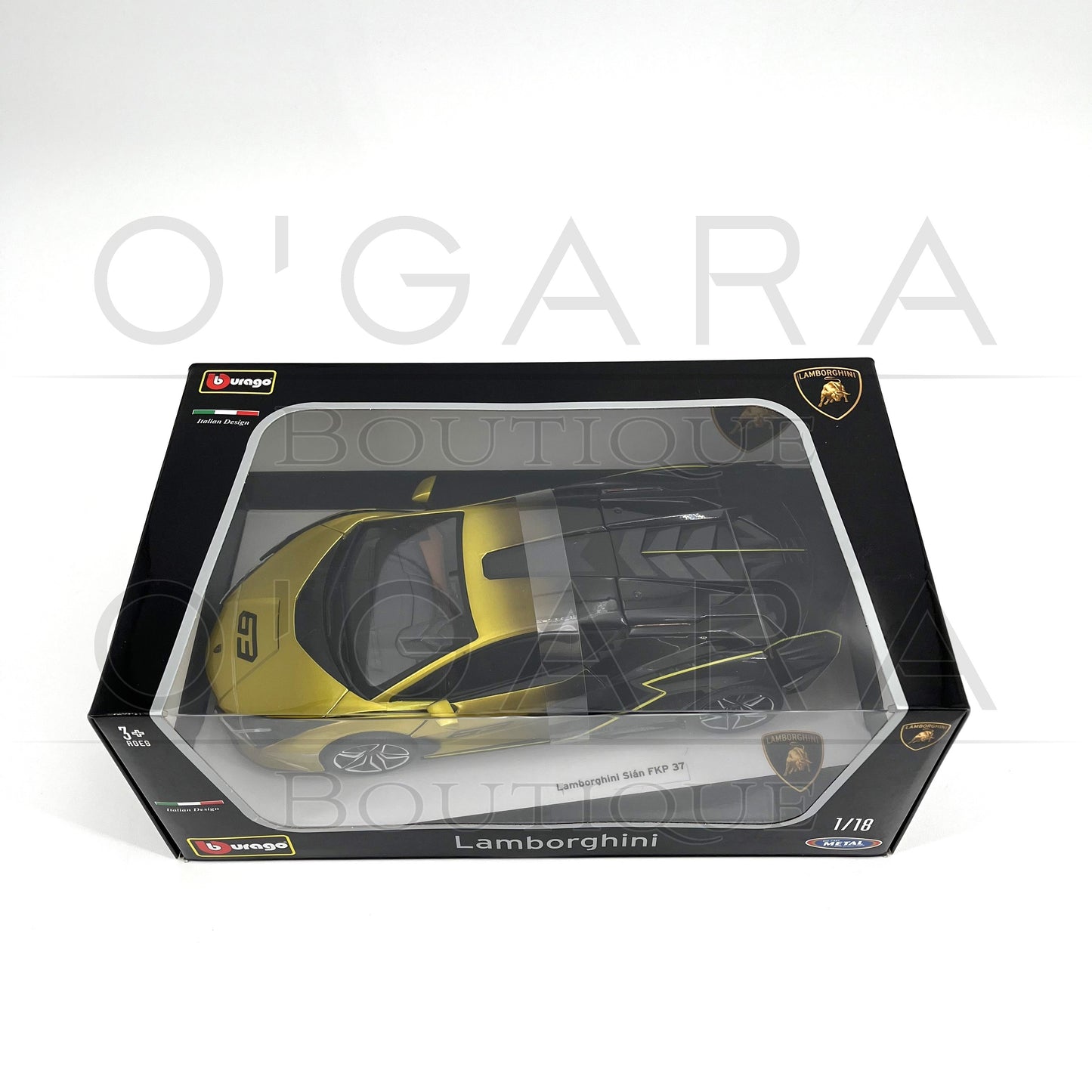 Lamborghini Sian Model car in packaging with Lamborghini logo on a white background